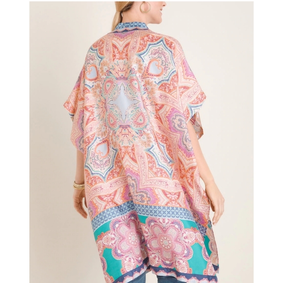 Medallion Print Silk Ruana Wrap Shawl Open Front - Picture 2 of 2